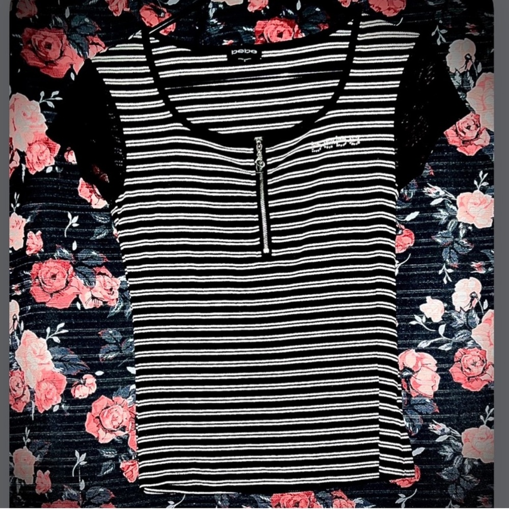 Y2K bling Bebe Black and White Striped Top with Zip Detail and sheer
